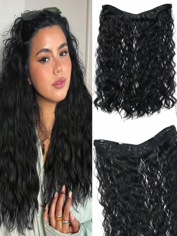 One Piece 18inch V-Shaped 4 Clips Hair Extensions,Synthetic Hair Extensions Water Ripple Hair Extensions Curly Hair Patch,Daily Wear For Women