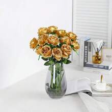 1pc/5pcs/10pcs/12pcs/20pcs Gold 20-Inch Artificial Rose Flowers, High-End Fake Roses, Suitable For Home Decor, Room Decor, Dining Table Decor, Wedding Decor, Bridal Bouquet, Wrist Corsage, Flower Arrangement. Suitable For Home, Restaurant, Bedroom, Vase Decoration. - Gold - View 5