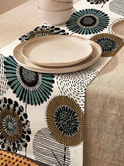1pc Bohemian Vintage Dandelion Geometric Pattern Linen Table Runner, Suitable For Holidays, Parties, Birthdays, Dinners, Kitchen & Dining Table Decor, Dresser/Cabinet Cover, All Season Home Decor