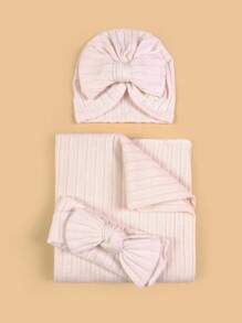 3pcs/Set Spring & Autumn Newborn 0-6 Months Baby Swaddle Blanket Set, Includes Bow Headband, Hat And Wrap, Baby Photography Props - Multicolor - View 1