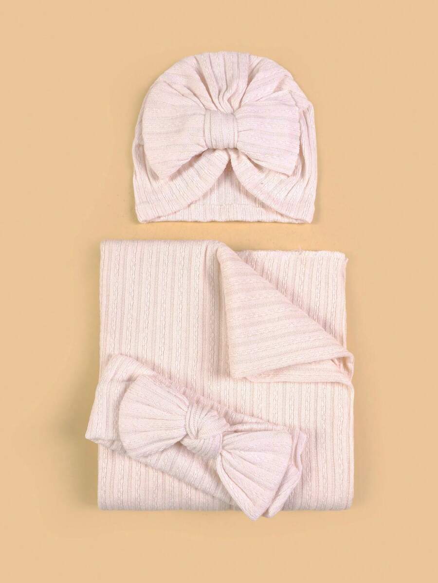 3pcs/Set Spring & Autumn Newborn 0-6 Months Baby Swaddle Blanket Set, Includes Bow Headband, Hat And Wrap, Baby Photography Props - Multicolor - View 1