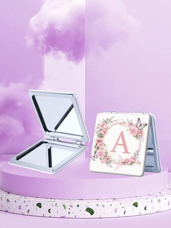 1pc Romantic Floral & Letter Series Compact Vanity Mirror, Foldable Lightweight Ultra-Thin Portable Hand Mirror, Silver Nano Electroplated Frame, Delicate Details, Suitable For All Occasions And People, Foldable Square Shape For Easy Carrying