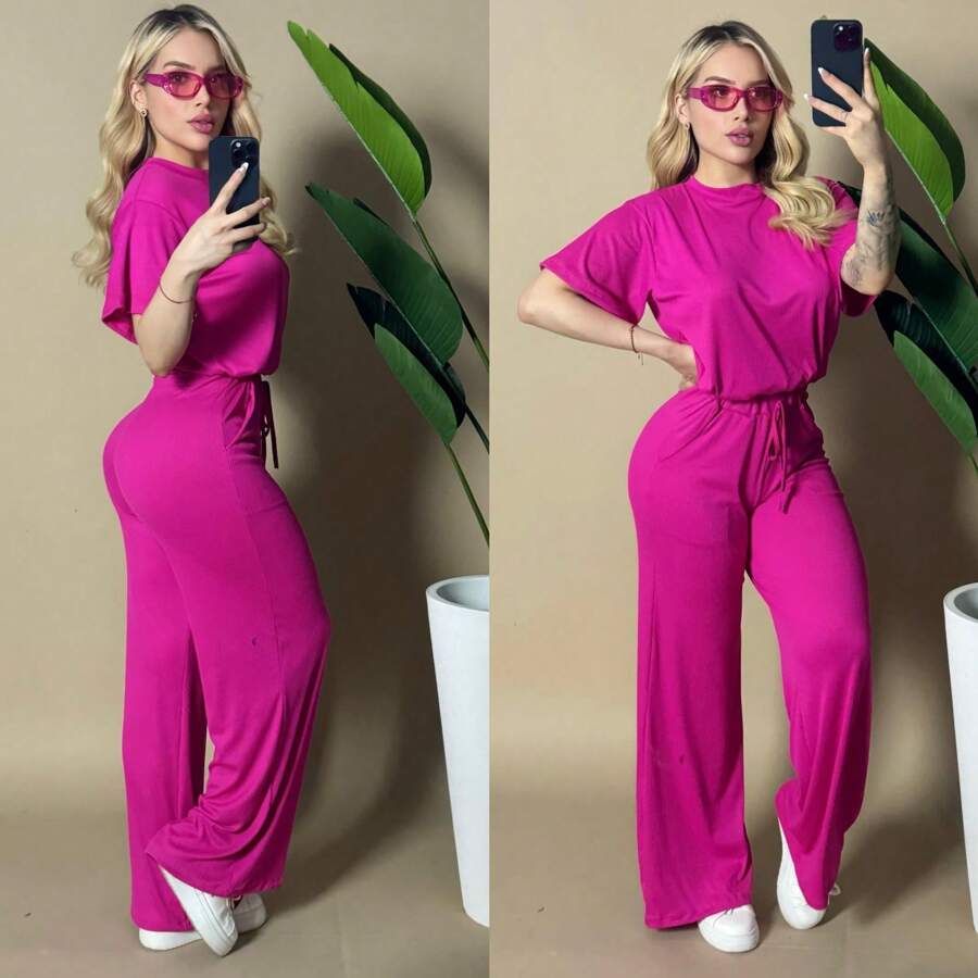 Conjunto 2 pzas Playera holgada, pantalon ajustado-acampanado - Rosa Fucsia - Ver 1