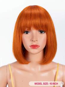 Short Realistic Bobbed Wig With Bangs, Straight Hair, Orange Color, Suitable For Women's Daily Wear, No Glue No Lace, Directly Wearable, Full Machine-Woven Wig - SORANGE - View 2