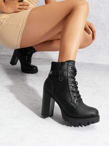 女式系带战斗踝靴高跟时尚粗跟短靴鞋黑色靴子踝靴 - 黑色 - 查看 6