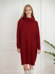 Odzież jesienno-zimowa: Gruba, jednokolorowa, damska spódnica z przędzy rdzeniowej, sukienka dzianinowa z wysokim kołnierzem i długimi rękawami