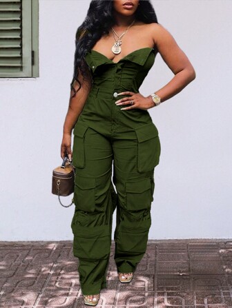 Plus Size Women's Solid Color Casual Wide Leg Jumpsuit Romper