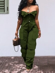 大码女式纯色休闲阔腿连体裤 - 墨綠色 - 查看 4