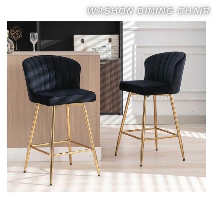 WAHSON OFFICE CHAIRS 2 szt. Wahson aksamitne stołki barowe nowoczesne aksamitne krzesło barowe z aksamitnym oparciem stołek barowy z pozłacaną nogą, wysokie krzesło kuchenne do baru/centralna wyspa kuchenna, czarny - Czarne - Zobacz 1