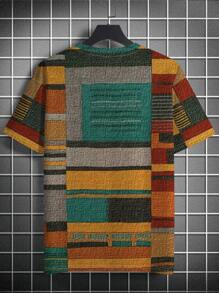 Plus Size Men's Patchwork Pattern Round Neck Short Sleeve T-Shirt - Multicolor - View 3