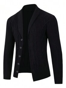 Men's Textured Knit Button-Up Cardigan Sweater, Thick Long Sleeve Fisherman Casual Sweater For Winter - màu đen - Xem 6