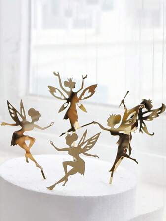 5pcs Fairy Cake Toppers Wing Angel Cupcake Topper Pick Insert For Spring Fairy Theme Party Birthday Wedding Gold Ballet Dancer Cake Decoration Mother's Day Bakery Supplies.