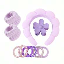 10 pièces/set Kit spa facial comprenant 1 pièce bandeau nuage + 2 bracelets + 1 pièce pince à cheveux florale + 6 chouchous simples assortis