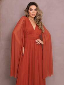 Women's Long Party Dress With Slit Cape Sleeve V-Neck Solid Color Elegant New Year's Eve - 亮橙色 - 查看 1