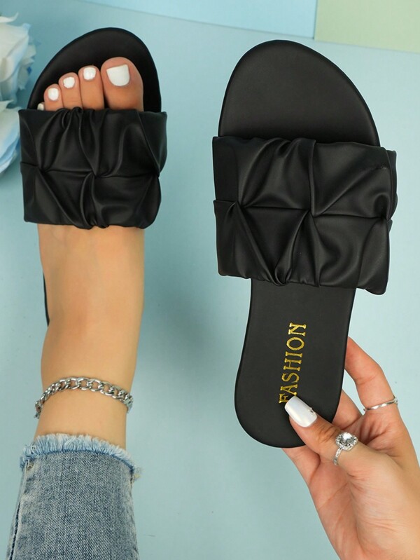 Wide Fit Women's Fashion Square Toe Pleated Slippers Flat Casual Sandals