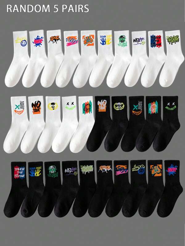 5pairs/Set Men's Random Ink Splatter Colorful Letter Print Mid-Calf Socks