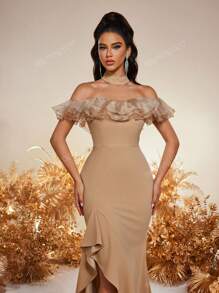 Ladies' Elegant Halter Neck Ruffle Side Slits Asymmetric Hem Formal Dresses For Women Prom Dress & Evening Gown & Wedding Guest Dress For Wedding Guest, Graduation, Dinner