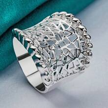 925 Sterling Silver Plated Concave Hollow 7-10 # Ring For Women Wedding Party Fashion Charm Jewelry - Silver - View 3