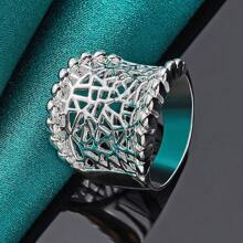 925 Sterling Silver Plated Concave Hollow 7-10 # Ring For Women Wedding Party Fashion Charm Jewelry - Silver - View 2
