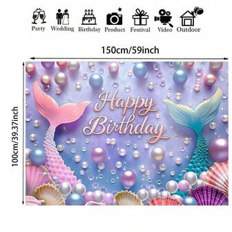 1 件美人鱼和人造珍珠贝壳生日快乐背景 - 多功能涤纶摄影背景，适用于派对、淋浴、照相亭和家居装饰