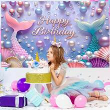 1pc Mermaid & Faux Pearl Shell Happy Birthday Backdrop - Multifunctional Polyester Photography Background For Party, Shower, Photo Booth And Home Decor