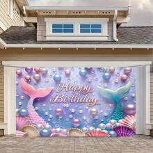 1pc Mermaid & Faux Pearl Shell Happy Birthday Backdrop - Multifunctional Polyester Photography Background For Party, Shower, Photo Booth And Home Decor