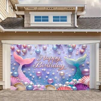 1 件美人鱼和人造珍珠贝壳生日快乐背景 - 多功能涤纶摄影背景，适用于派对、淋浴、照相亭和家居装饰