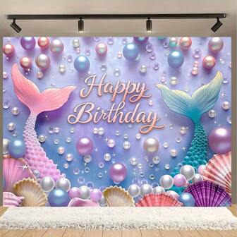 1pc Mermaid & Faux Pearl Shell Happy Birthday Backdrop - Multifunctional Polyester Photography Background For Party, Shower, Photo Booth And Home Decor