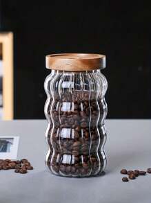 1pc Glass Food Storage Container With Sandalwood Lid, Airtight Sealed Candy Jar, Vertical Striped Transparent Round Storage Canister For Pantry Organization And Storage, Holds Cereals, Rice, Pasta, Flour, Sugar, Kitchen Essentials
