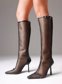 Women's Mesh Knee High Boots Pointed Toed Thin Stiletto High Heels Fashion Back Zipper Buckle Spring Summer Fall Boots - 黑色 - 查看 1