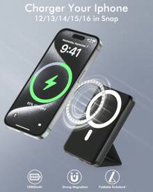 Podoru Mag-Safe 移动电源，10000mAh Mag-Safe 移动电源，带支架的磁性无线便携式充电器，Mag-Safe 电池组兼容 iPhone16/15/14/13/12 Pro/Pro Max 系列，适合户外玩耍、购物、旅行、便携式电源超快速充电、磁性无线充电器、适用于 Android 和 iPhone 设备的便携式充电器，带 USB 和 Type-C 端口，安全稳定的聚合物锂电池。适用于 Apple iPhone、iPad、Android 手机，适合家人、朋友、孩子、生日、圣诞节、冬季的礼物， - 黑色 - 查看 3