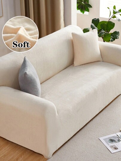 1pc Winter Warm Plush Solid Color Elastic Sofa Cover, Modern Minimalist Anti-Slip All-Inclusive Sofa Protector, Fits L-Shaped And 1/2/3/4 Seat Sofas