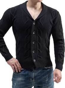 Men's Textured Knit Button-Up Cardigan Sweater, Thick Long Sleeve Fisherman Casual Sweater For Winter - màu đen - Xem 3