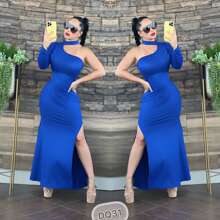 LONG FITTED CHOKER DRESS WITH LEG OPENING - 藍色 - 查看 2