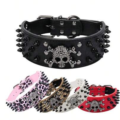 CP088Large Spiked Skull Studded Dog Collar, Adjustable Anti-Bite PU Leather Pet Neckband For Medium To Large Dogs, Punk Style, Durable