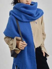 1pc Soft & Fuzzy Solid Color Fashionable Shawl, Versatile Tasseled Warm Scarf - Simple Blue - View 13