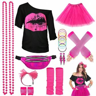 1980s Women Party Costume Accessories, Lipstick Print T-Shirt, Puff Puff Puff Skirt, Waist Pouch, 80s Clothing Neon Retro Themed Cosplay