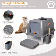 BingoPaw Large Stainless Steel Cat Litter Box Enclosed Cat Toilet With Poop Scooper Footboard - Grey - View 6