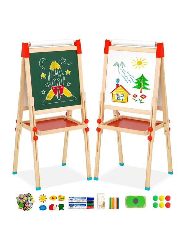 Kids Art Easel With Paper Roll Art Standing Easel Double-Sided Whiteboard & Chalkboard & Roll Paper Drawing Board Standing Easel With Accessories For Kids And Toddlers,Easel Stand For Kids Parties,Digital Chalk Board,Children's Easel