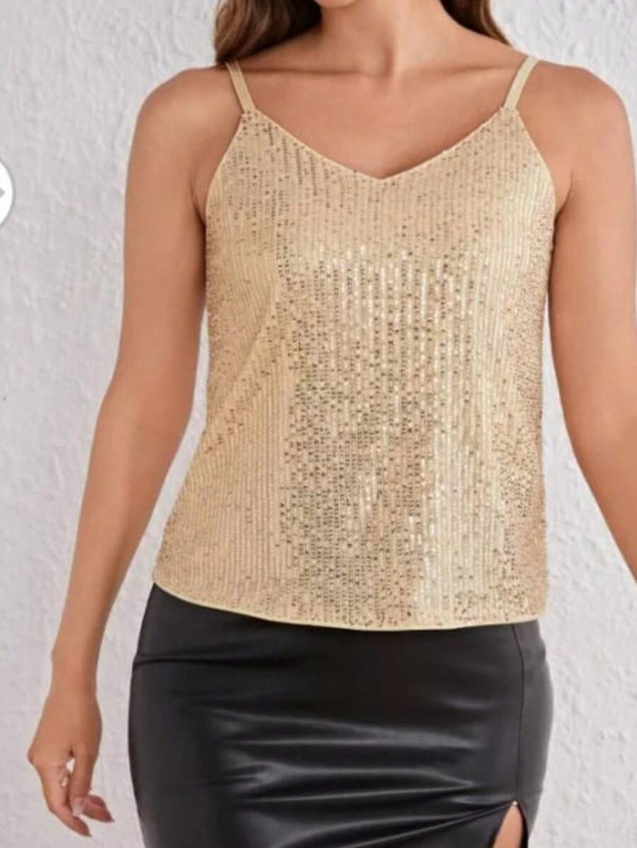 Women's Premium Silver Tank Top With Thin Straps And Shiny Details Fashion - Beis - Ver 1