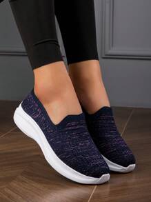 女式轻便透气一脚蹬黑色平底休闲针织鞋 - 藏蓝色 - 查看 4