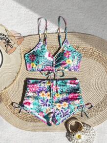 New Women's Split Two Pieces Set, Sexy Floral Print Halter Tie-Up Bikini Set ,European And American Style Hot Selling Swimsuits Vacation - Blue - View 4