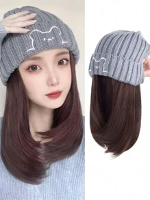 女士合成帽子假发一体时尚秋冬熊针织帽锁发 18 英寸黑色适合女性日常佩戴