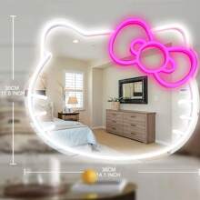 Sanrio Enseigne lumineuse au néon Sanrio Hello Kitty chat avec miroir mural et bande LED réglable - En plastique, à fixer au mur, avec interrupteur, polyvalent, alimenté par USB, sans fil, sans batterie, éclairage blanc - Pour chambre, coiffeuse, salle de séjour, chambre d'enfant, cadeau pour toute la journée