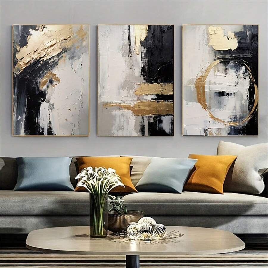 Set Of 3 Modern Golden Abstract Canvas Wall Art , Frameless Posters For Living Room Decor, Indoor Portrait Orientation Wall Art Decorative Murals, Home Decor, Poster Art,Canvas Wall Poster Gifts Birthday Graduation - Multicolor - View 1