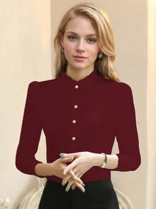 女式长袖立领工作衬衫，专业办公服装，白色，秋季/春季 - 酒紅色 - 查看 1