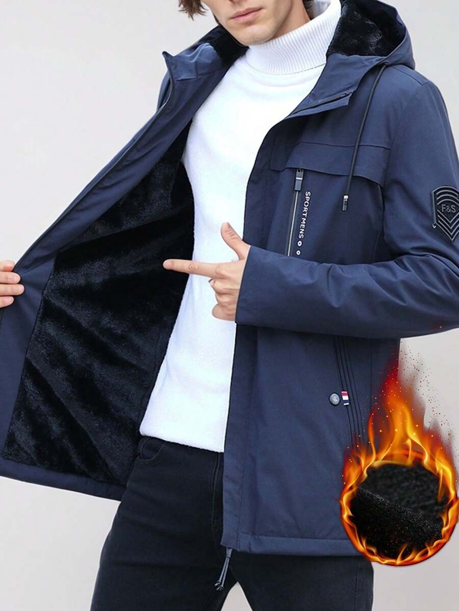 男士保暖加厚夹克，休闲多用途连帽风衣，秋冬季保暖防风 - 藍色 - 查看 1