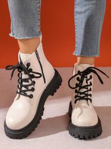 New Fashion Women Boots Lace-Up Thick Sole Glossy Rose Red PU Leather Ankle Boots With Side Zipper Retro Motorcycle Boots - Beige - View 3
