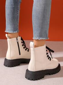 New Fashion Women Boots Lace-Up Thick Sole Glossy Rose Red PU Leather Ankle Boots With Side Zipper Retro Motorcycle Boots - Beige - View 4