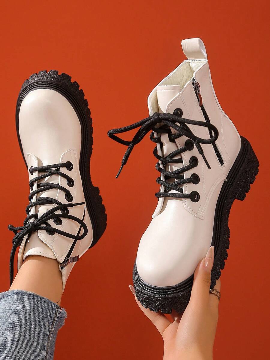 New Fashion Women Boots Lace-Up Thick Sole Glossy Rose Red PU Leather Ankle Boots With Side Zipper Retro Motorcycle Boots - Beige - View 1